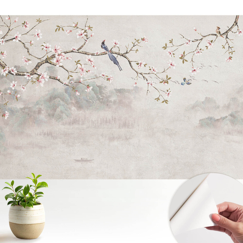 Tapeta fotograficzna samoprzylepna Delikatne kwiaty i ptaki na tle gór