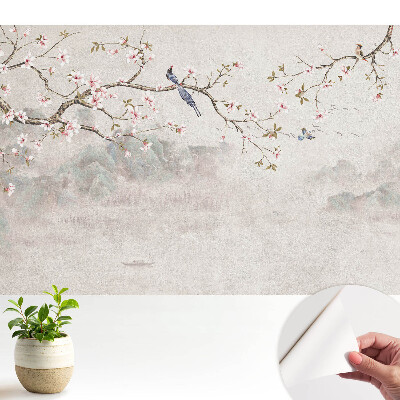 Tapeta fotograficzna samoprzylepna Delikatne kwiaty i ptaki na tle gór