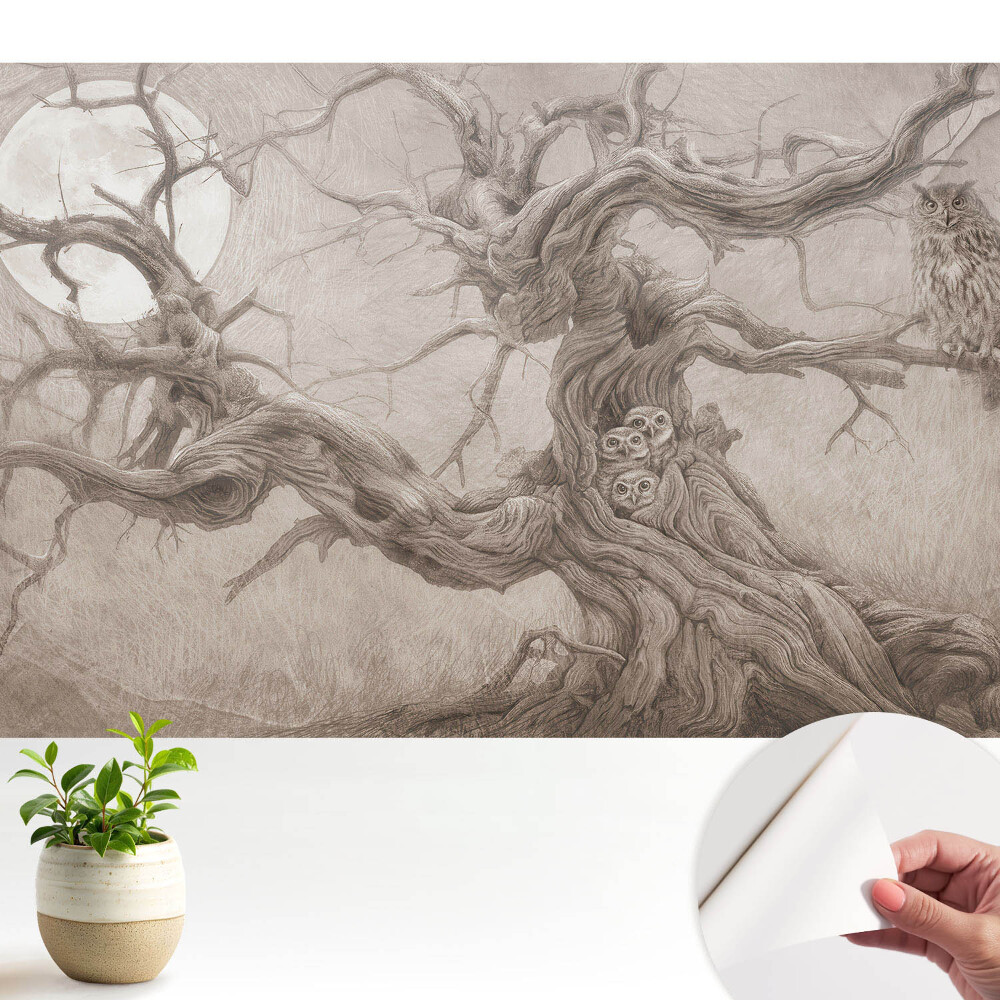 Fototapeta z nadrukiem samoprzylepna Księżycowy dąb z sowami