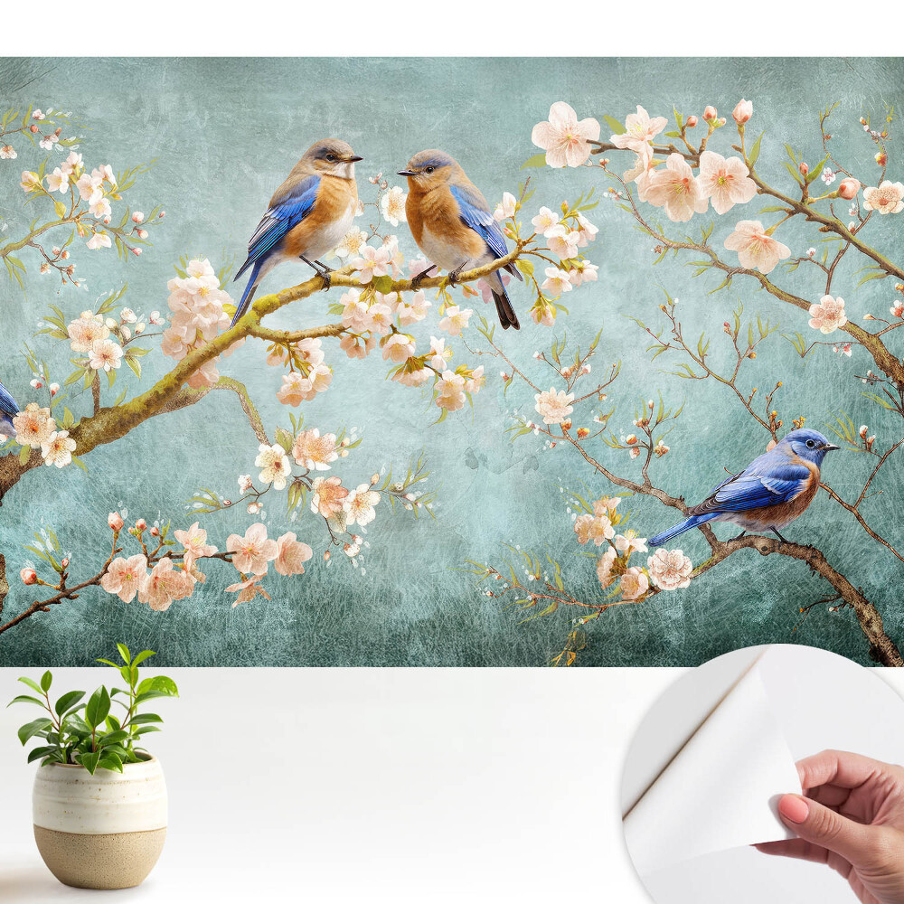 Fototapeta do salonu Ptaki na kwitnących gałęziach pastelowy wzór