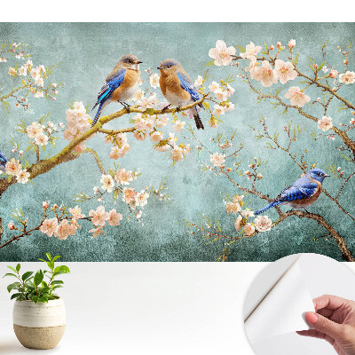 Fototapeta do salonu Ptaki na kwitnących gałęziach pastelowy wzór