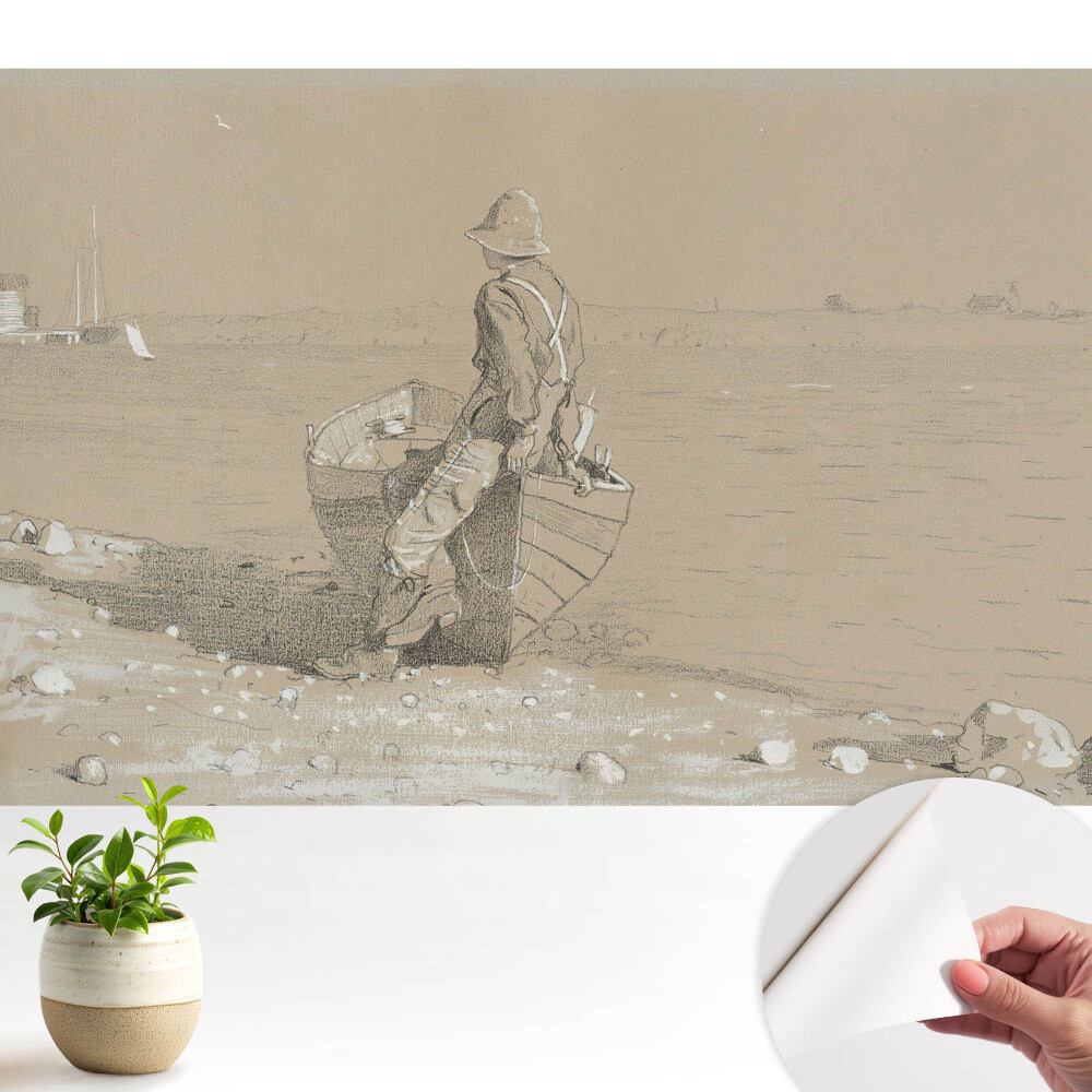 Tapeta fotograficzna samoprzylepna Mężczyzna z łodzią na plaży