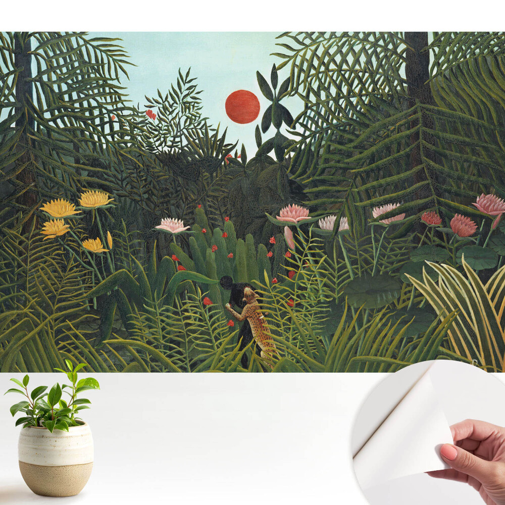 Tapeta fotograficzna samoprzylepna Tropikalna dżungla z czerwonym słońcem