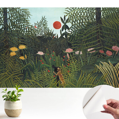 Tapeta fotograficzna samoprzylepna Tropikalna dżungla z czerwonym słońcem