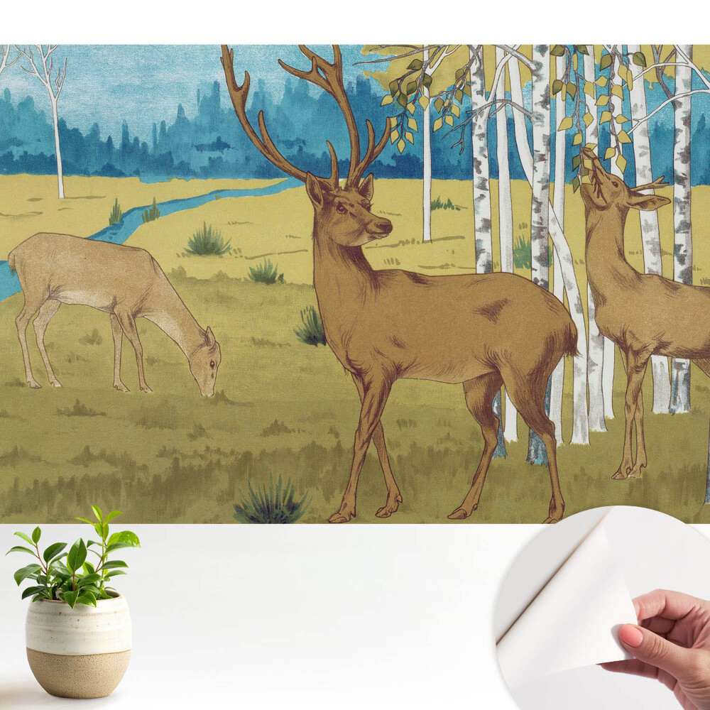 Fototapeta z nadrukiem samoprzylepna Jelenie w brzozowym lesie