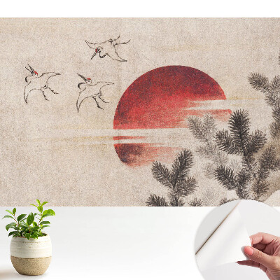 Fototapeta samoprzylepna do salonu Trzy ptaki i słońce na tle iglastych drzew