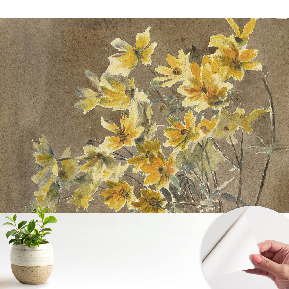 Tapeta fotograficzna samoprzylepna Żółte kwiaty na tle ziemi