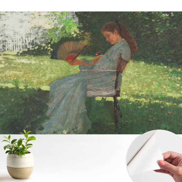 Fototapeta do salonu Kobieta z wachlarzem w ogrodzie czuje harmonię