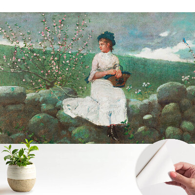 Fototapeta z nadrukiem samoprzylepna Kwiaty i dziewczyna na murze