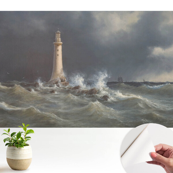 Fototapeta samoprzylepna do salonu Burzowe morze latarnia statek w oddali