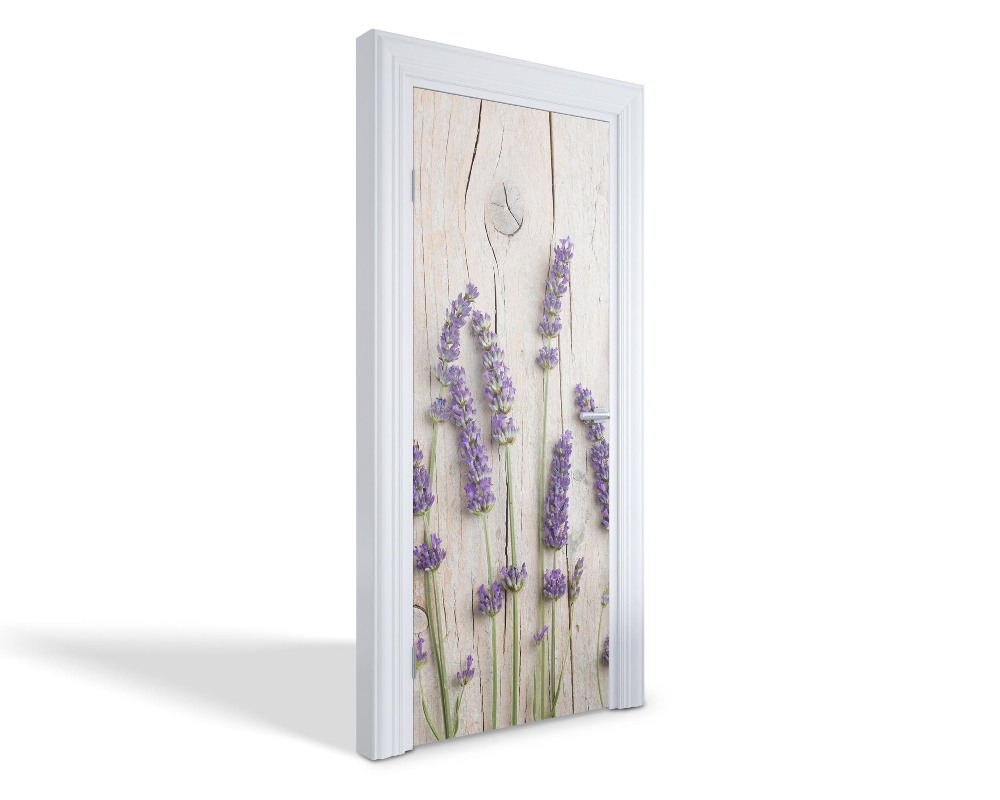 Naklejka na drzwi samoprzylepna Lawenda na drewnie