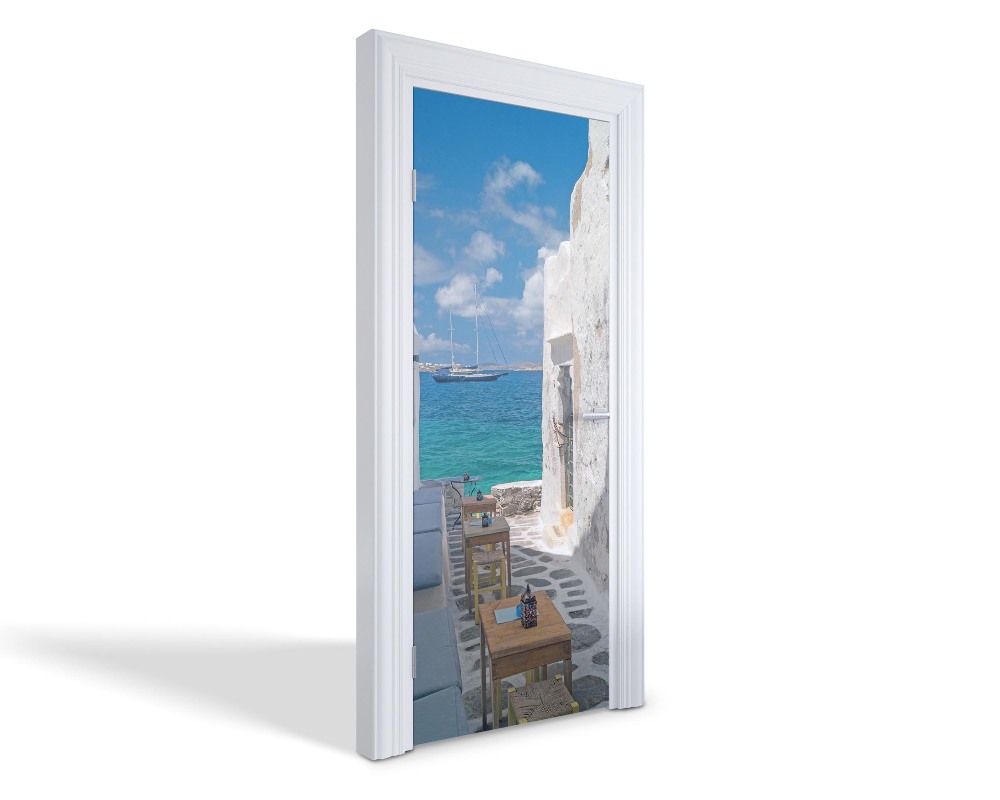 Naklejka na drzwi samoprzylepna Grecka uliczka nadmorska