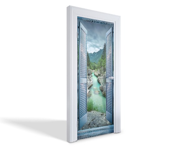 Naklejka na drzwi samoprzylepna Górski widok przez okno