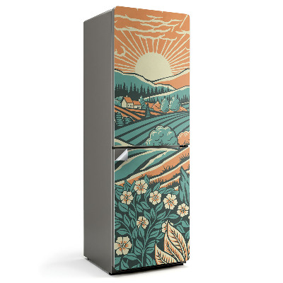 Naklejka tapeta na lodówkę Ilustracja łąki wschód słońca