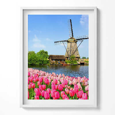 Obraz w ramce Holenderski wiatrak z kwiatami
