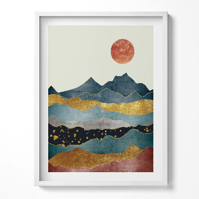 Obraz w ramce Abstrakcyjny pejzaż kolorowych gór i słońca