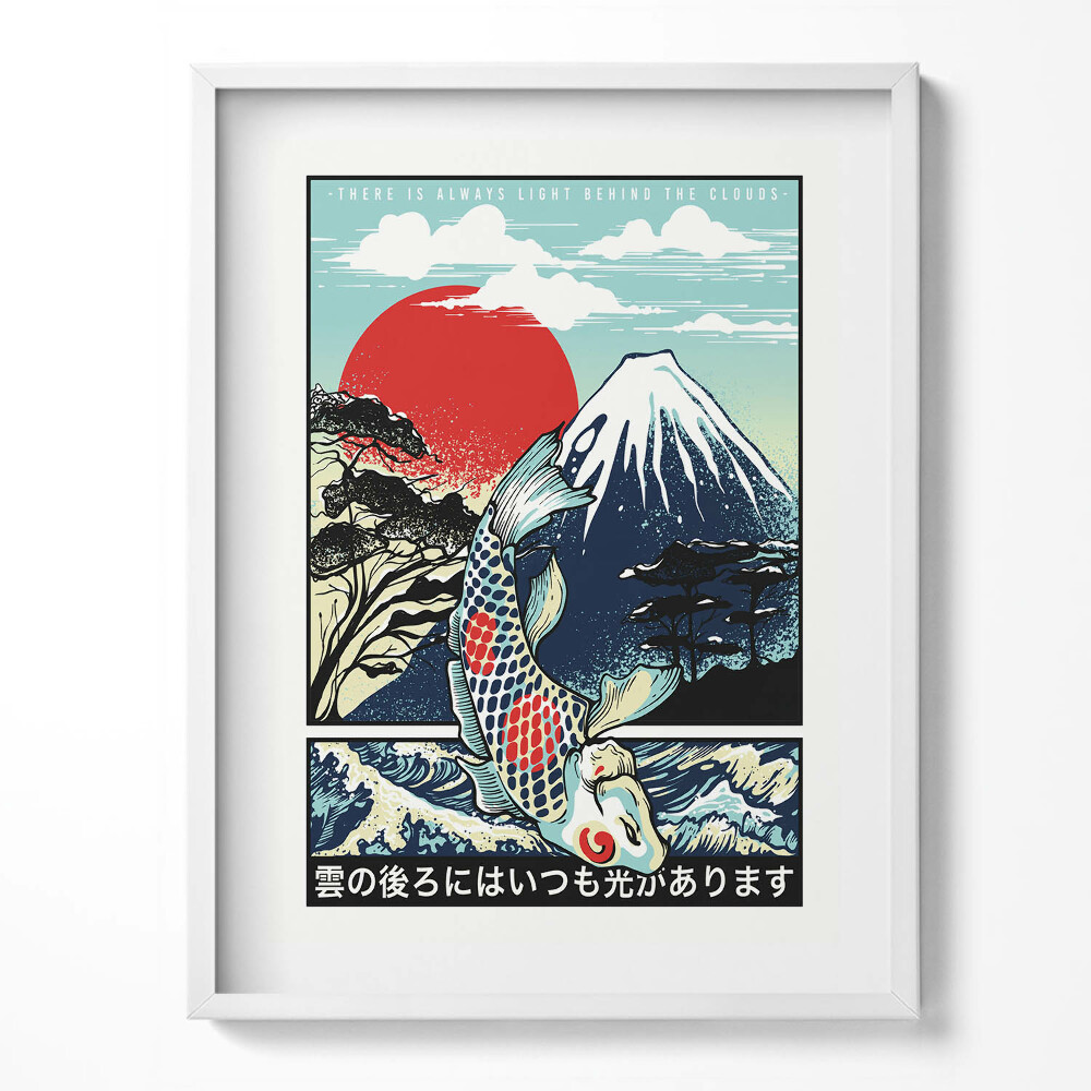 Obraz w ramce Japońska ilustracja góry Fuji i ryby Koi