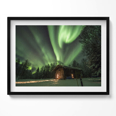 Obraz z ramką Zorza polarna i domek w lesie