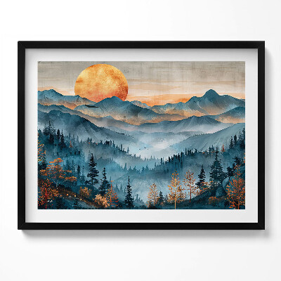 Obraz z ramką Abstrakcyjny pejzaż słońca nad górai i lasami