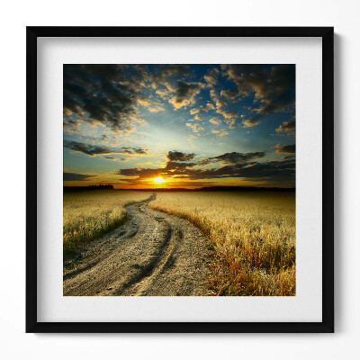 Obraz w drewnianej ramce Polna droga i zachód słońca