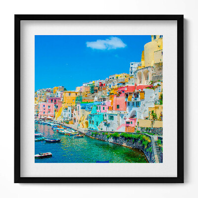 Obraz w drewnianej ramce Nadmorskie miasteczko i łódki