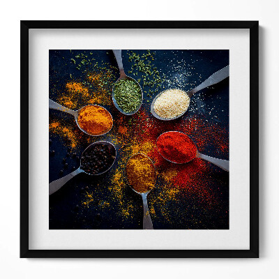 Obraz w drewnianej ramce Kuchenne łyżki z kolorowymi przyprawami