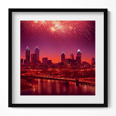 Obraz w drewnianej ramce Miasto nocą fajerwerki w Philadelphia
