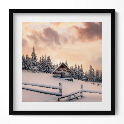 Obraz w drewnianej ramce Pejzaż górskiej chaty zimą i o zachodzie słońca