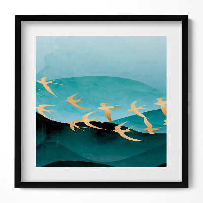 Obraz w drewnianej ramce Ilustracja złotych ptaktów na niebie