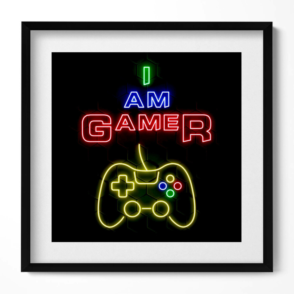 Obraz w drewnianej ramce Neonowy napis dla gracza "I am gamer"