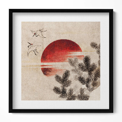 Obraz w drewnianej ramce Japońska sztuka zachodzące słońce