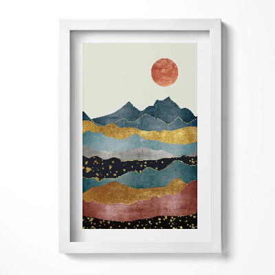 Obraz w ramie Abstrakcyjny pejzaż kolorowych gór i słońca