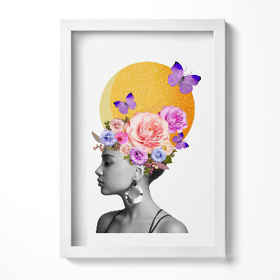 Obraz w ramie Głowa kobiety z kwiatami i motylami