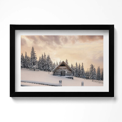 Obraz w ramie Pejzaż górskiej chaty zimą i o zachodzie słońca