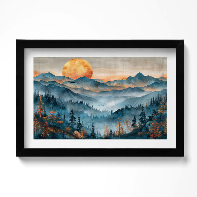 Obraz w ramie Abstrakcyjny pejzaż słońca nad górai i lasami