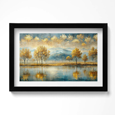 Obraz w ramie Abstrakcyjny pejzaż złotych drzew nad jeziorem
