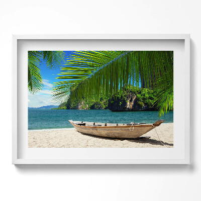 Obraz w ramie Łodka na plaży pod palmą