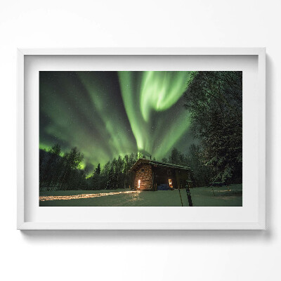 Obraz w ramie Zorza polarna i domek w lesie