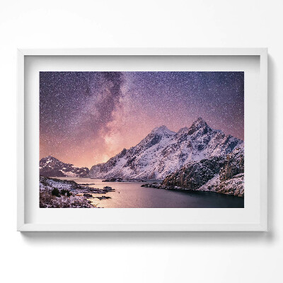 Obraz w ramie Zorza i gwieździste niebo nad górami