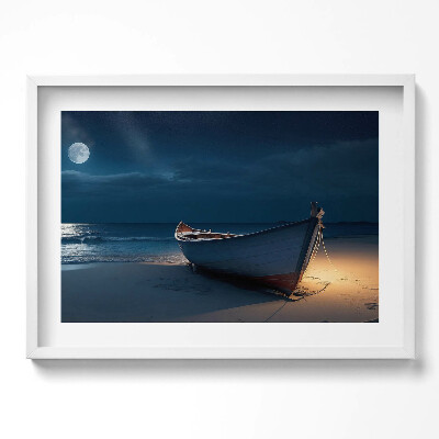 Obraz w ramie Łodka na brzgu plaży nocą