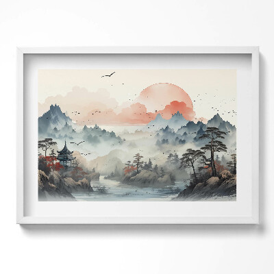 Obraz w ramie Górski pejzaż lasu w japońskim stylu