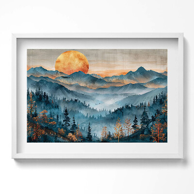 Obraz w ramie Abstrakcyjny pejzaż słońca nad górai i lasami