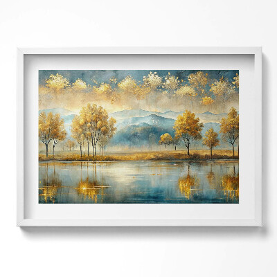 Obraz w ramie Abstrakcyjny pejzaż złotych drzew nad jeziorem