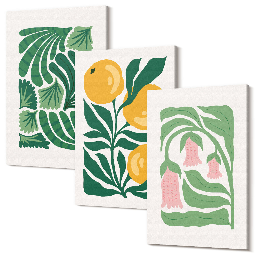 Zestaw obrazów tryptyk na ścianę Minimalistyczne roślinne wzory z owocami i liśćmi