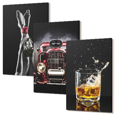 Zestaw obrazów 3 części tryptyk Kobiece nogi z różą stary samochód szklanka whisky