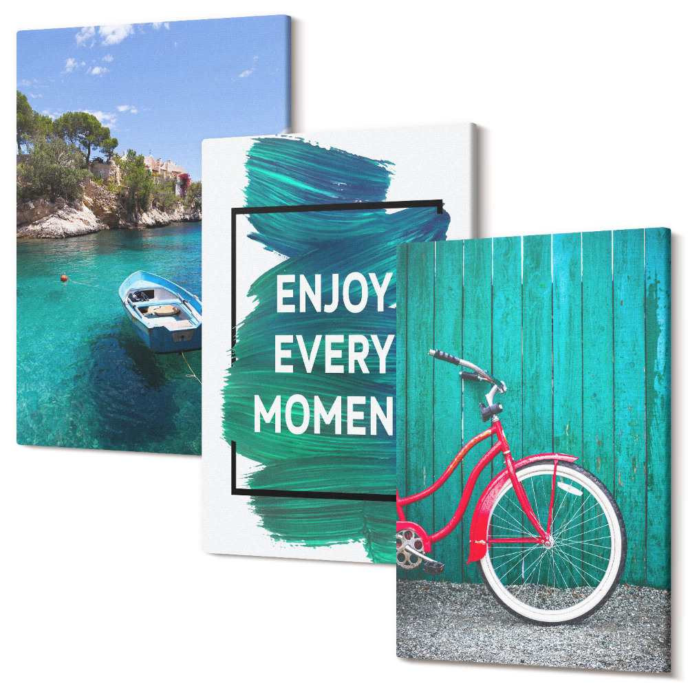 Zestaw obrazów tryptyk na ścianę Widok na morze z łodzią rower inspirujący napis