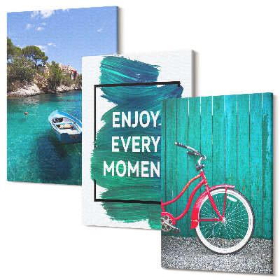 Zestaw obrazów tryptyk na ścianę Widok na morze z łodzią rower inspirujący napis