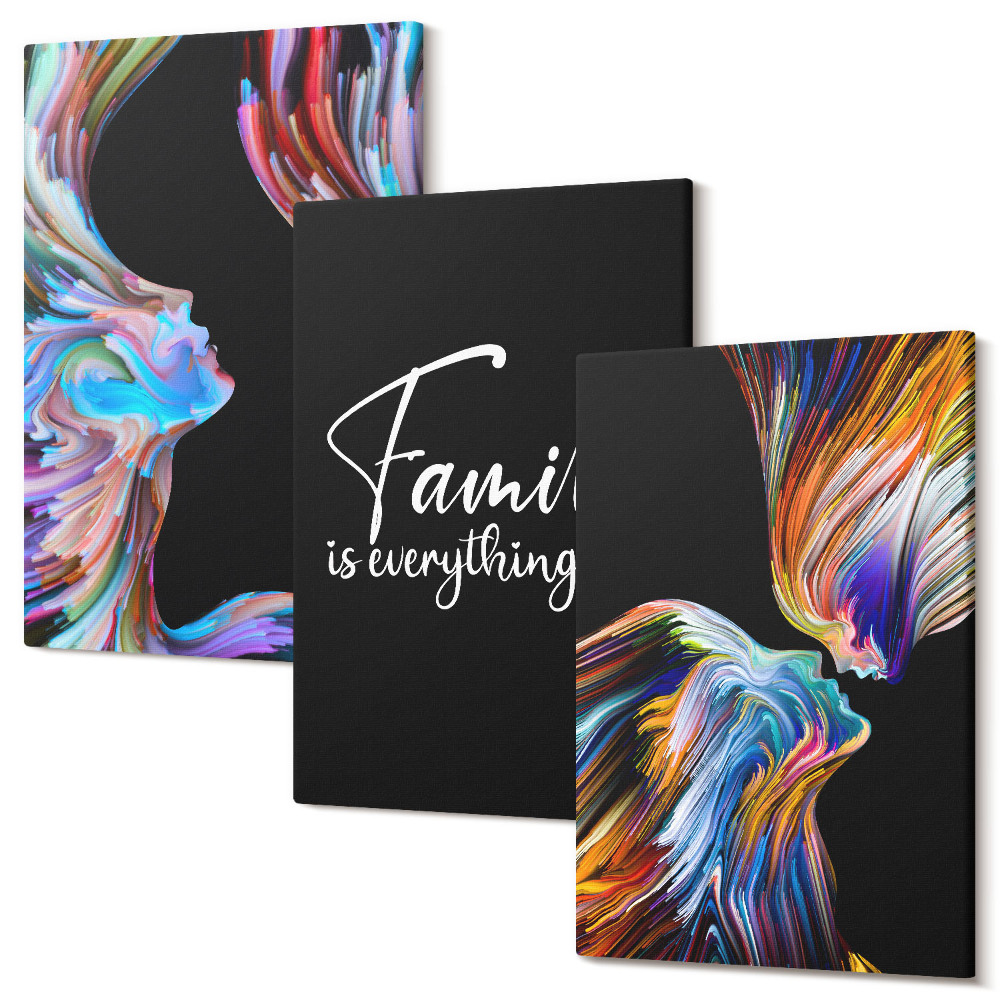 Zestaw obrazów 3 części tryptyk Portrety ludzi w kolorowych wzorach i napis o rodzinie