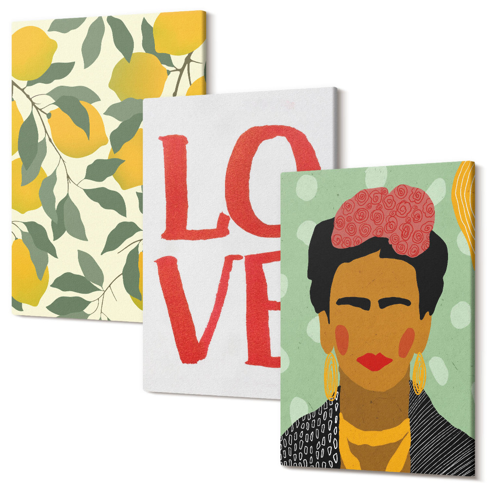 Zestaw obrazów 3 części tryptyk Cytryny napis LOVE malowany portret Fridy Kahlo