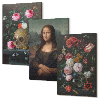 Zestaw obrazów na płótnie tryptyk Vintage kwiaty czaszka i portret Mona Lisy Leonardo da Vinci
